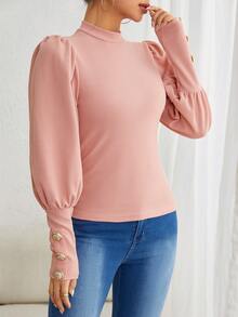SHEIN Privé 燈籠袖小高領T恤 - 藕粉色 - 查看 3