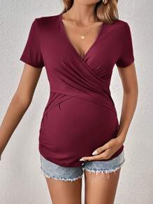 SHEIN Maternity Solid Wrap Cross Tee - Burgundy - View 2