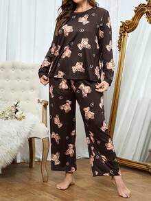 Plus Bear & Heart Print PJ Set / Pajama Set - Brown - View 4