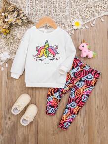 SHEIN Đứa bé gái Kỳ lân in Áo nỉ & In Toàn bộ Xà cạp - trắng - Xem 1