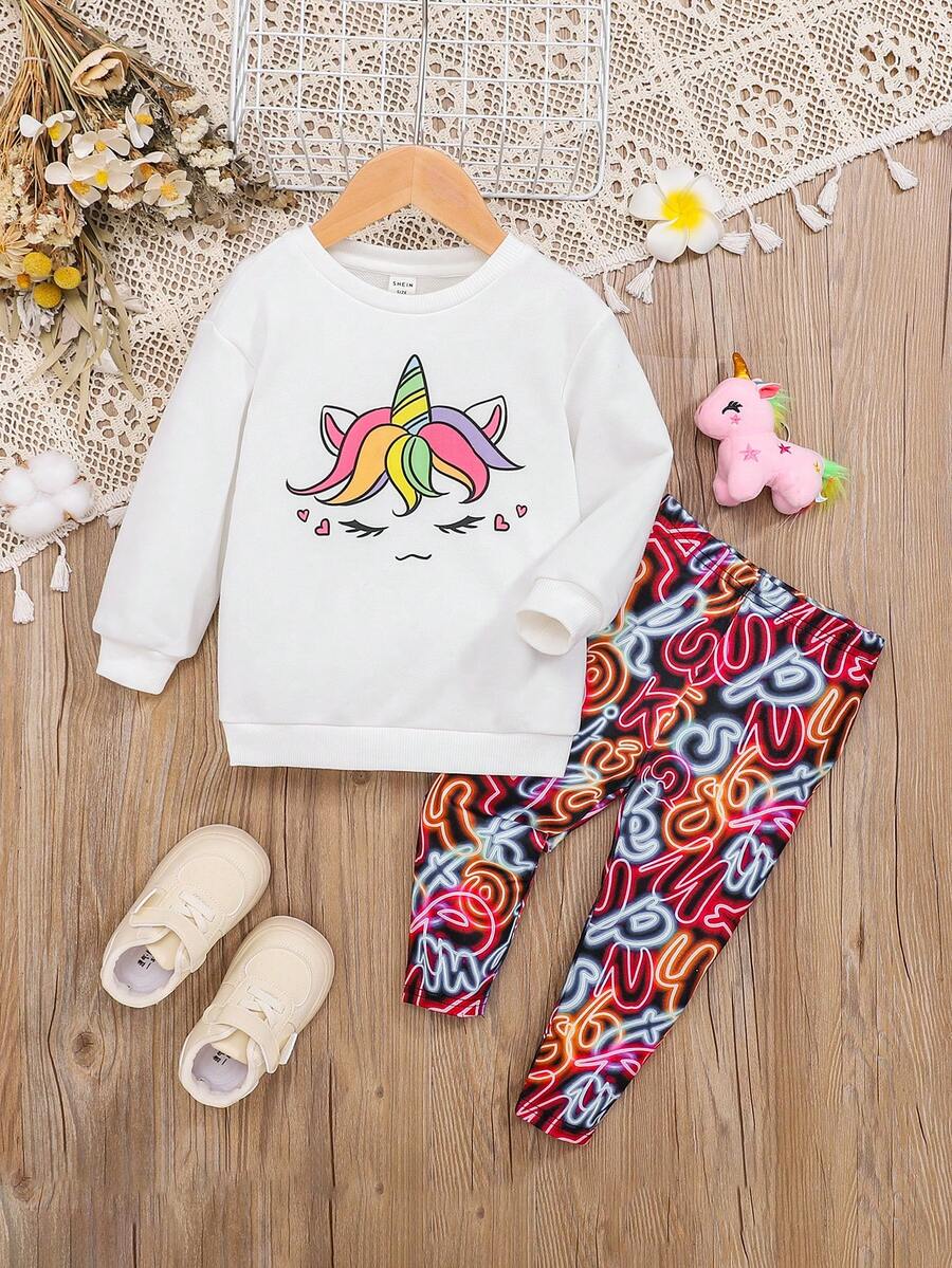 SHEIN Đứa bé gái Kỳ lân in Áo nỉ & In Toàn bộ Xà cạp - trắng - Xem 1