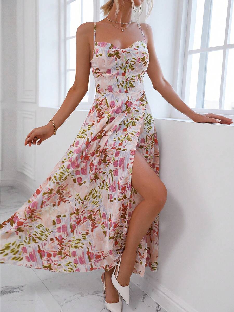 Floral Print Split Thigh Cami Dress - Multicolor - View 1