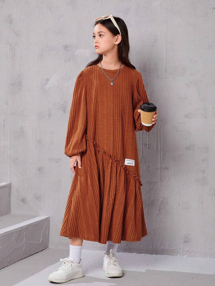 Tween Girl Letter Patched Lantern Sleeve Ruffle Hem Smock Dress