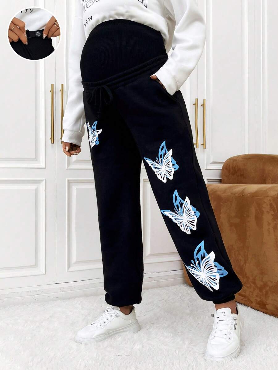 SHEIN Maternity Butterfly Print Adjustable Waist Pants - Black - View 1