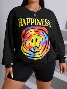 SHEIN EZwear Plus Cartoon & Letter Graphic Drop Shoulder Sweatshirt - Black - View 4
