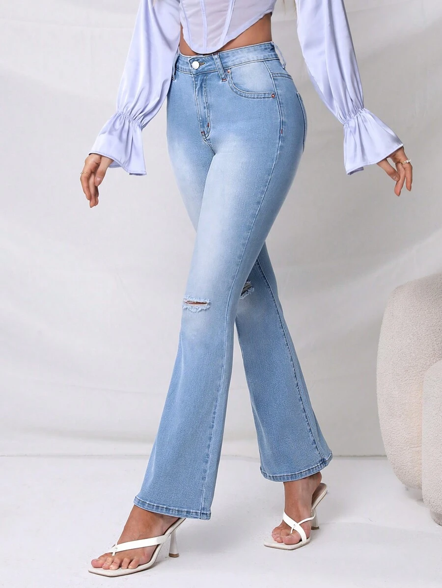 SHEIN Privé Cao eo Rách Quần ống loe - Rửa nhẹ - Xem 1