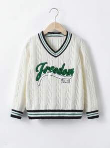 SHEIN 男大童字母圖案條紋飾邊板球毛衣 - 白色 - 查看 1