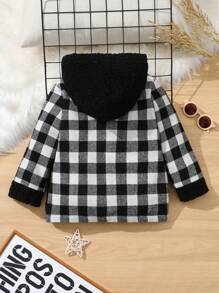 SHEIN Young Boy Gingham Hooded Contrast Teddy Panel Overcoat - Black and White - View 2