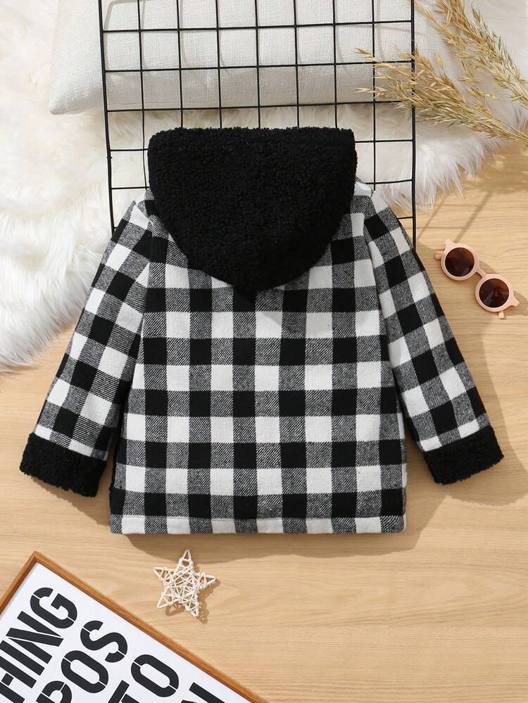 Young Boy Gingham Hooded Contrast Teddy Panel Overcoat
