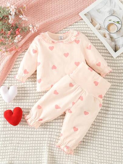 SHEIN 女宝宝甜美彼得潘领荷叶边下摆拼布睡衣套装