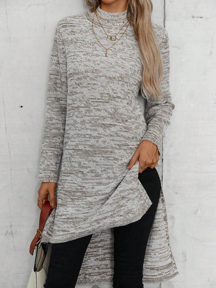 Space Dye Mock Neck Split Hem Sweater Dress