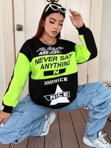 Flirla Plus Slogan Graphic Colorblock Drop Shoulder Sweatshirt Pullover Fall Sweatshirt - Black - View 7