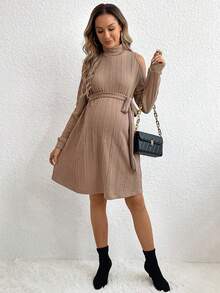 SHEIN Maternity Turtleneck Cold Shoulder Belted Dress - Camel - View 5