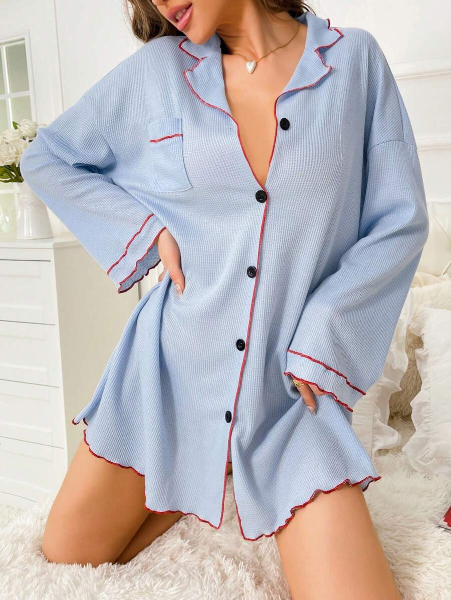 Snug Reverie Contrast Binding Button Front Drop Shoulder Pocket Patched Waffle Knit Lounge Dress, For Fall, Cozy Outfit