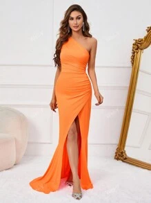 One Shoulder Ruched Split Thigh Floor Length Dress