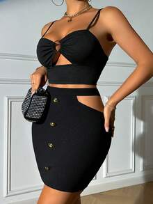 SHEIN SXY 腰部鏤空紐扣細節包臀半身裙 - 黑色 - 查看 3