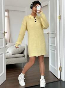 SHEIN Unity Polo領落肩袖毛衣洋裝 - 米色 - 查看 4