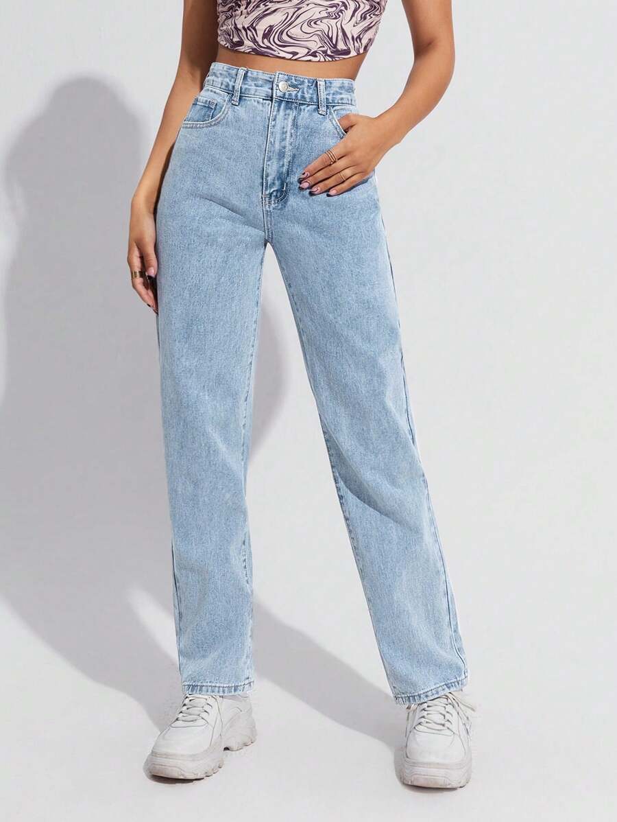SHEIN EZwear High Waist Straight Leg Jeans - Light Wash - View 1
