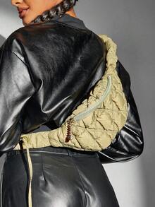 SHEIN SXY 女士們閒暇單肩包,折疊&幾何按圖案&拉鍊閉合&極簡,多功能 - 軍綠色 - 查看 6