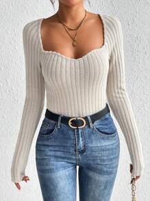 SHEIN Frenchy Sweetheart Neck Ribbed Knit Tee - Apricot - View 5