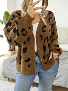SHEIN LUNE Hơn Hoa văn Báo Thả vai Áo len Mở - màu nâu - Xem 3