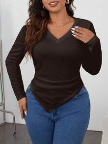 SHEIN Privé Plus Solid Hanky Hem Tee - Brown - View 3