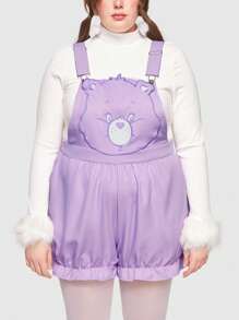 ROMWE X Care Bears Plus Cartoon Embroidered Ruffle Trim Overall Romper - Purple - View 2
