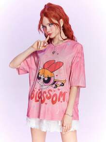 The Powerpuff Girls | ROMWE Tie Dye Cartoon & Letter Graphic Drop Shoulder Tee - Pink - View 3