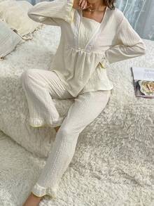 Contrast Lace Square Neck Flounce Sleeve Peplum Top & Pants PJ Set - Apricot - View 4