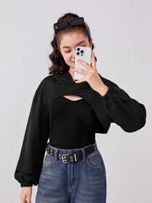 Teen Girl Cami Top & Super Crop Sweatshirt - Black - View 1