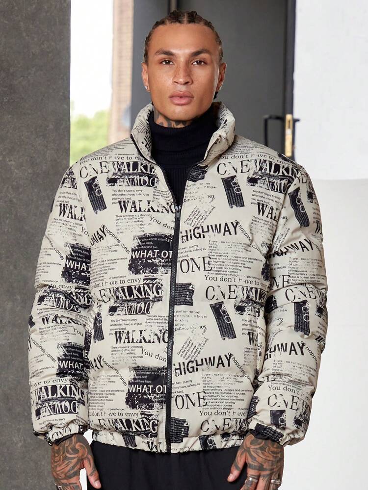 Men Newspaper Print Slant Pockets Padded Coat, For Fall Winter