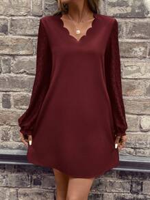 SHEIN LUNE 圓點貝殼邊燈籠袖隱藏口袋洋裝 - 酒紅色 - 查看 3