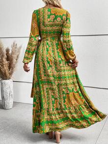 SHEIN VCAY Scarf Print Knot Side Wrap Dress - Green - View 2