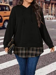 Calvaya Plus Plaid Print Drop Shoulder Drawstring Hoodie Pullover Fall Outfit