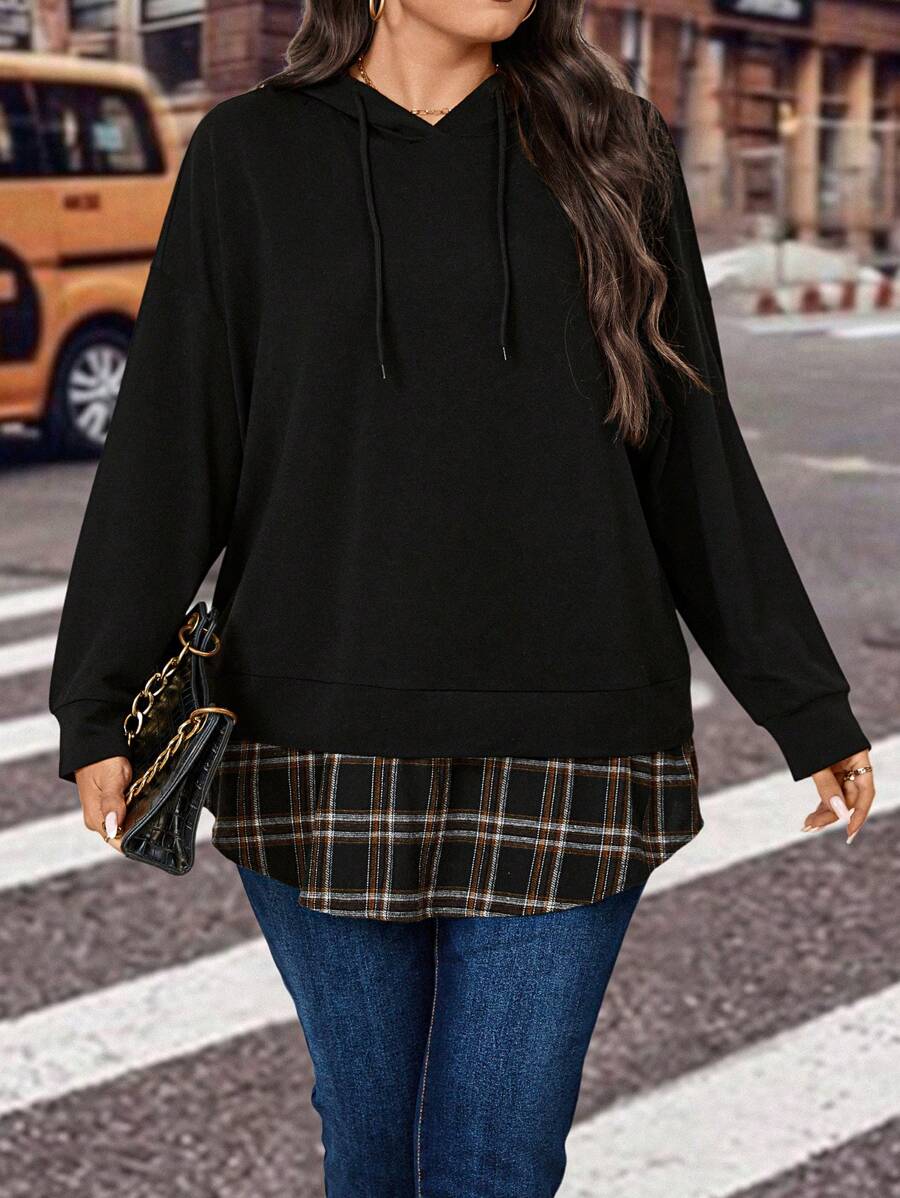 Calvaya Plus Plaid Print Drop Shoulder Drawstring Hoodie Pullover Fall Outfit