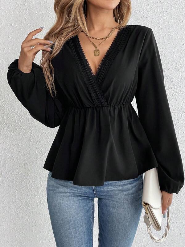 SHEIN Tall Guipure Lace Trim Lantern Sleeve Peplum Blouse