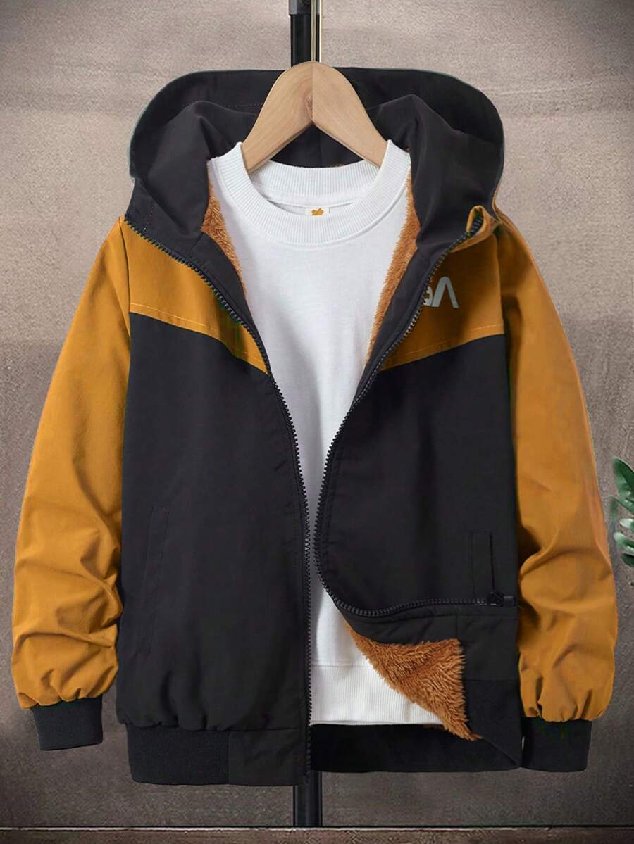SHEIN 男大童1入組雙色拉鏈開襟加絨內裏連帽夾克 - 彩色 - 查看 1