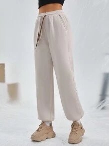 SHEIN EZwear Chất rắn Eo dây rút Túi nghiêng Quần thể thao - Màu Khaki - Xem 3