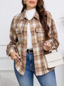 SHEIN Essnce 休閒格子大碼夾克 - 米色 - 查看 1