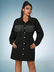 SHEIN ICON Plus Fringe Trim Denim Shirt Dress - Black - View 1