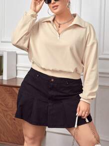 SHEIN Essnce Hơn Một nửa khóa kéo Thả vai Hem đàn hồi Áo nỉ - Màu be - Xem 3