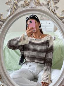 Flirla 大碼條紋圖案船領鏤空針織套頭毛衣 - 黑與白 - 查看 1