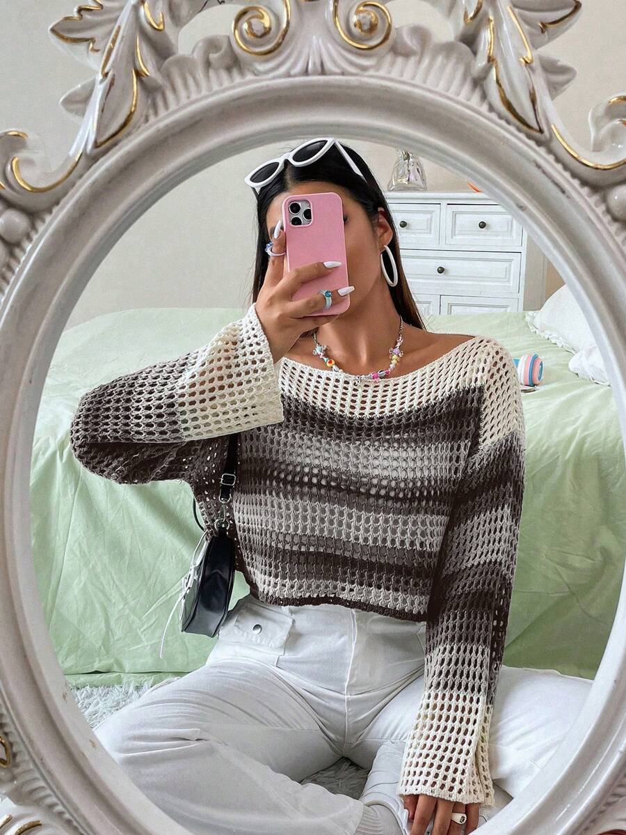 Flirla 大碼條紋圖案船領鏤空針織套頭毛衣 - 黑與白 - 查看 1