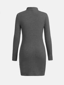 Teen Girl Letter Graphic Zip Half Placket Dress - Dark Grey - View 2