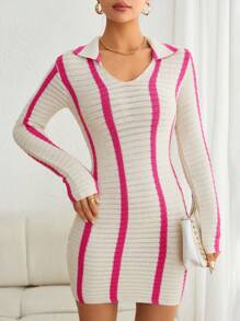 SHEIN Privé 條紋圖案緊身翻領毛衣洋裝 - 玫紅色 - 查看 5