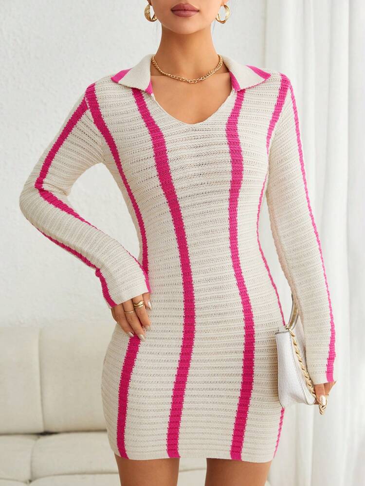 Striped Pattern Bodycon Collar Sweater Dress