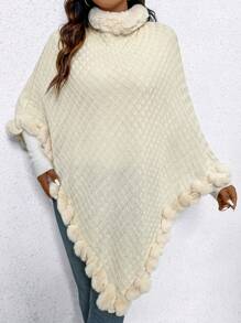 SHEIN Unity 加大码高领蝙蝠袖抓绒毛边饰毛球斗篷式针织套头衫秋冬毛衣 - 米色 - 查看 3