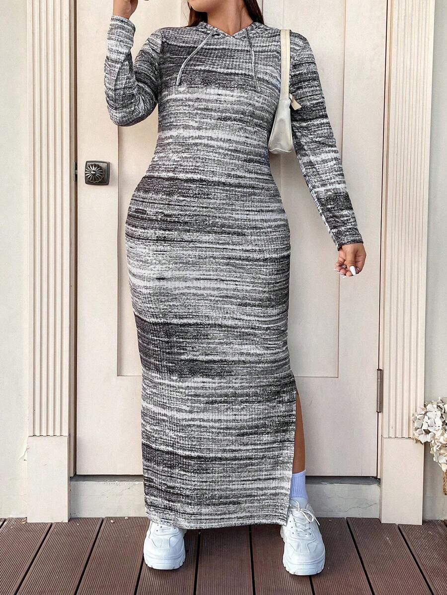 Flirla Hơn Thuốc nhuộm Không gian Tách đùi Dây rút áo có mũ Váy bodycon - Nhiều màu - Xem 1