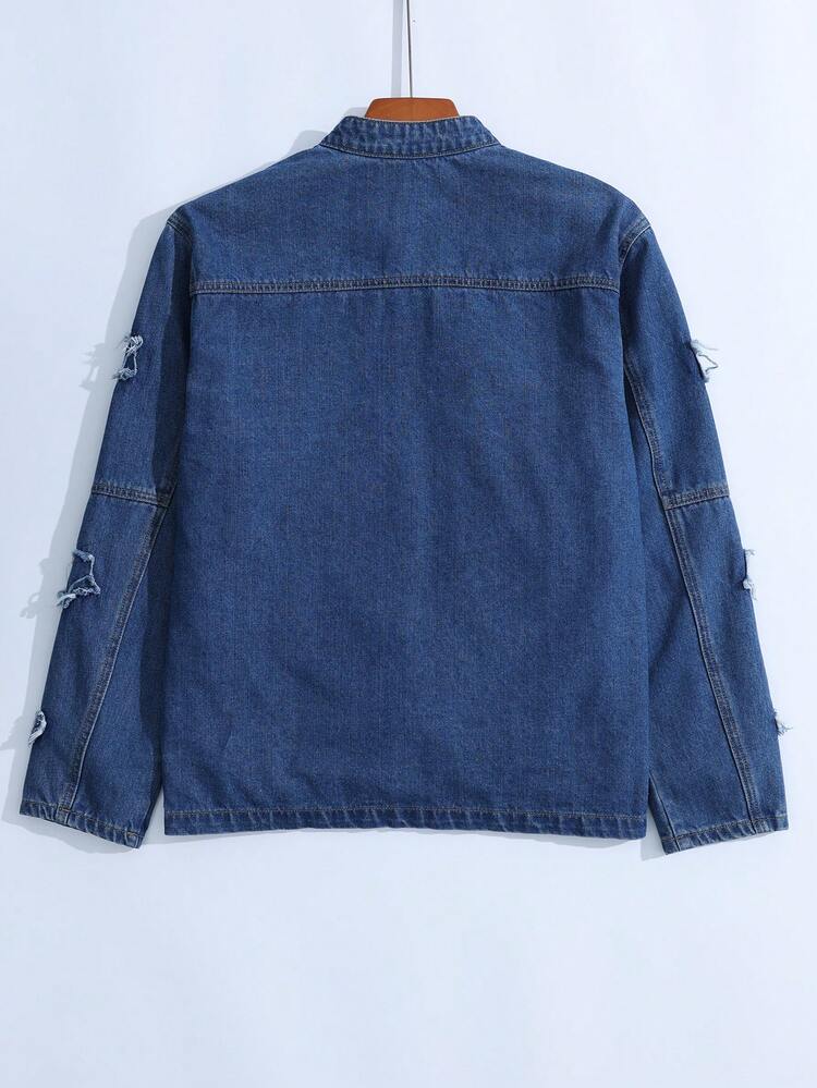 Men Patched Zip Up Denim Jacket Without Tee