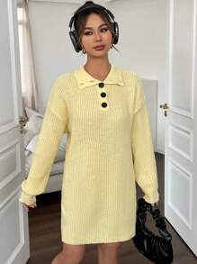 SHEIN Unity Polo領落肩袖毛衣洋裝 - 米色 - 查看 3